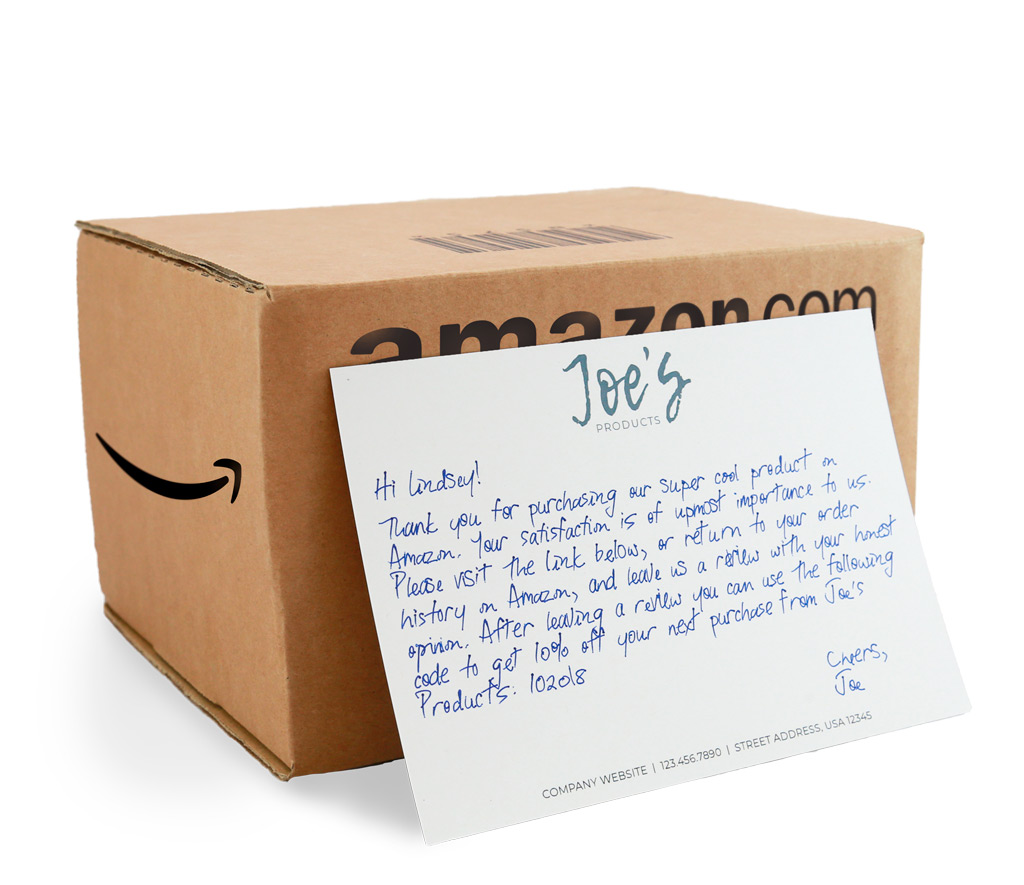Amazon box with a handwritten letter resting against the box