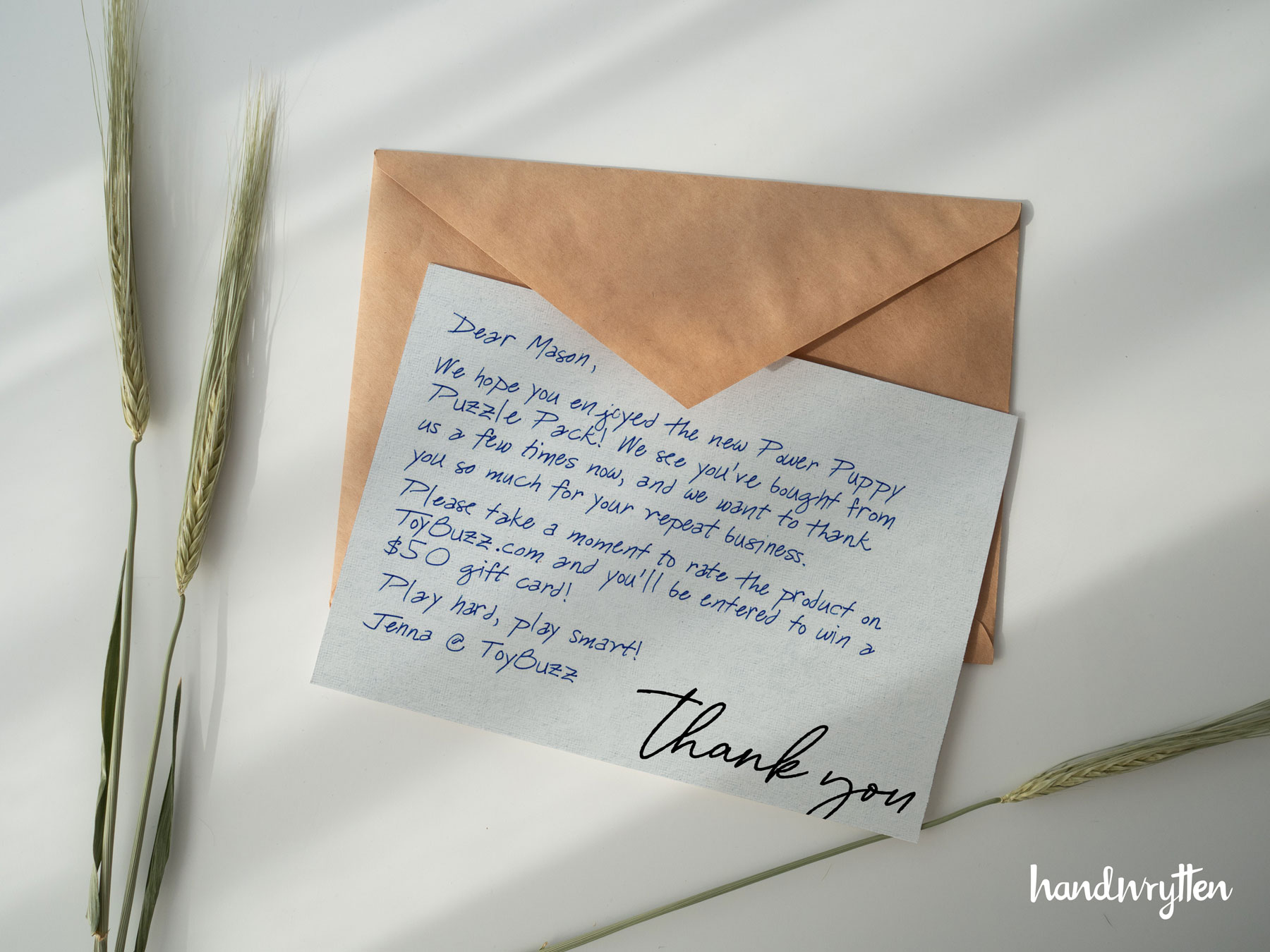 handwritten note requesting a product review