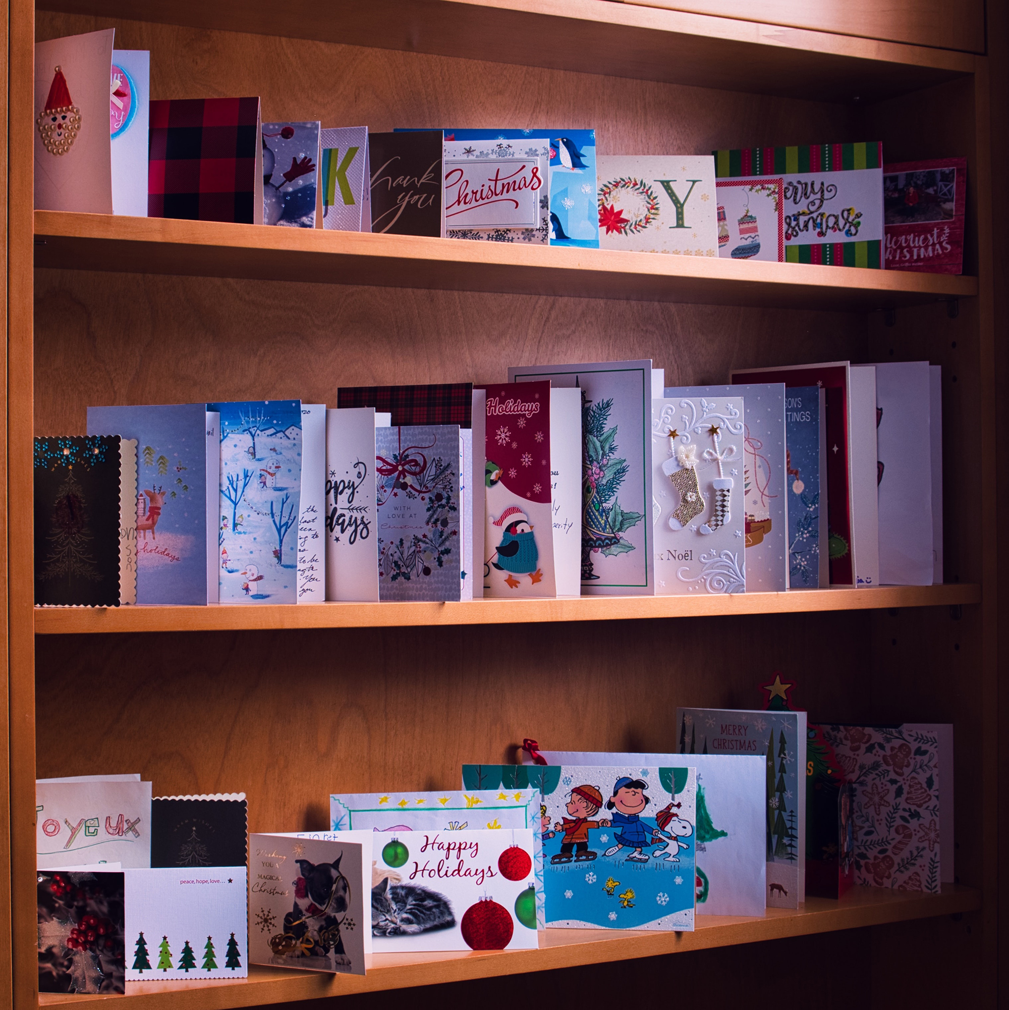 misc holiday cards on shelf