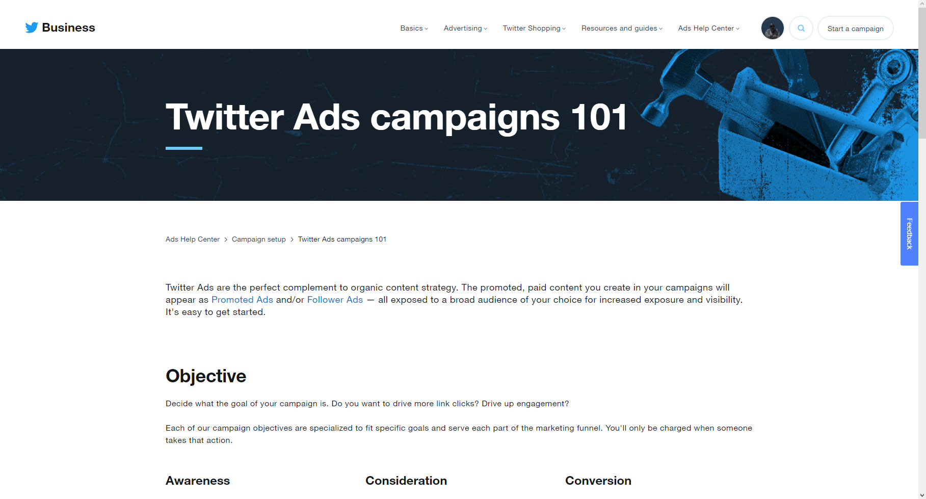 screenshot of Twitter Ads homepage