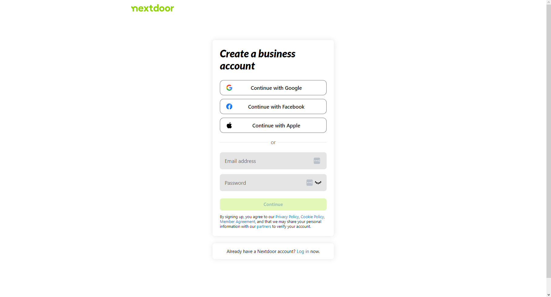 screenshot of Nextdoor create a business account page