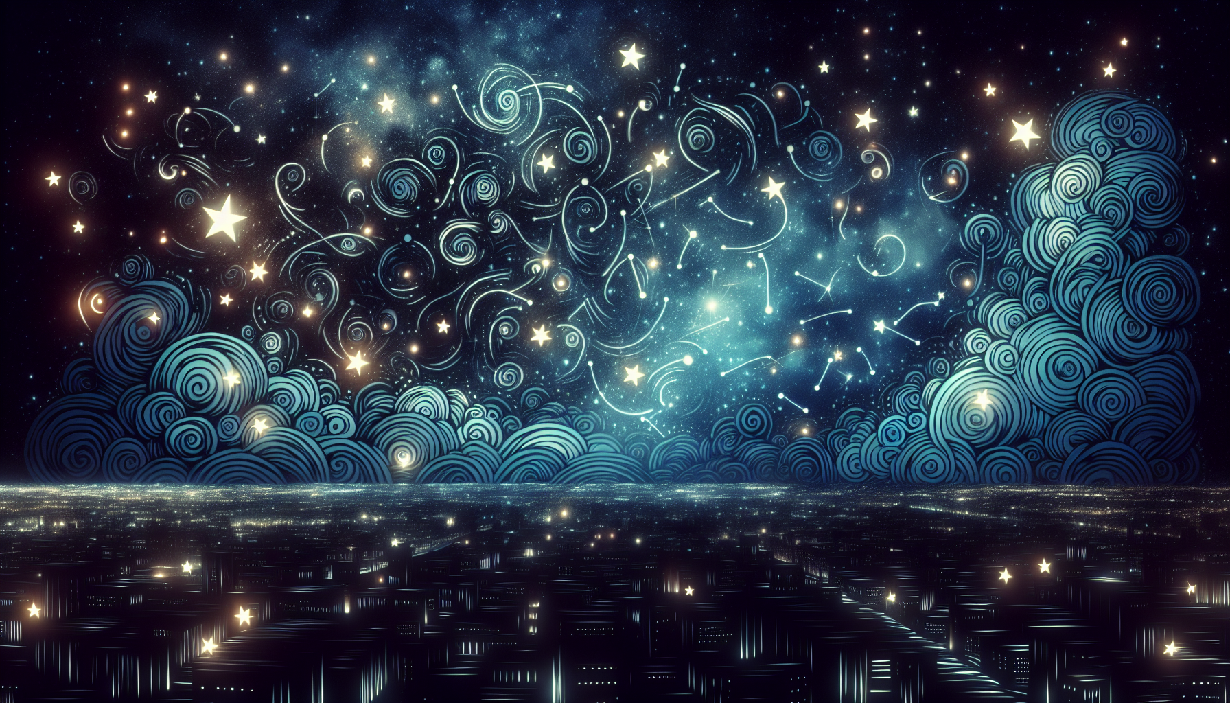 A whimsical illustration of a night sky with words related to luck and good fortune scattered among the stars.