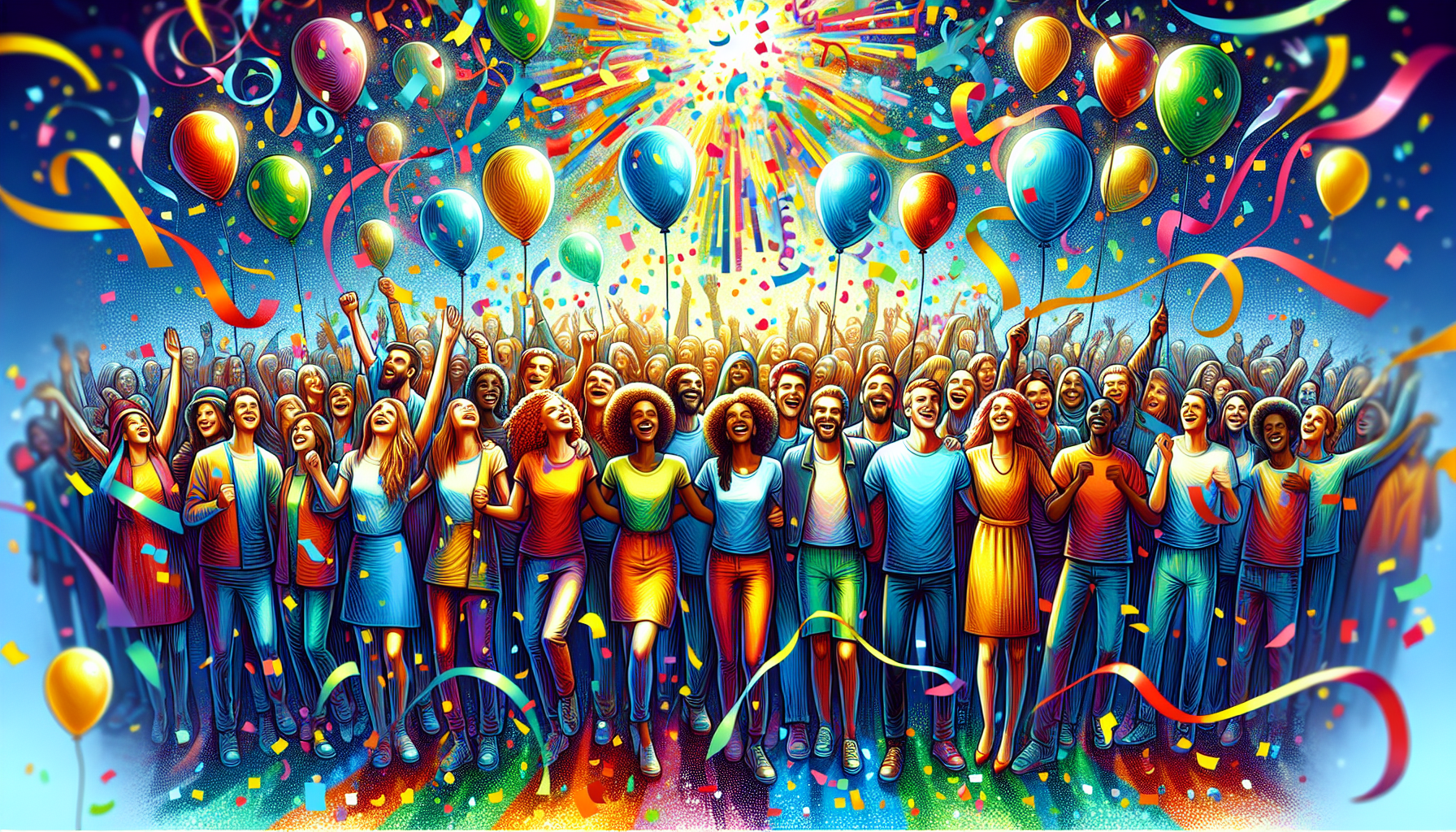 Illustration of a group of people celebrating with confetti and balloons