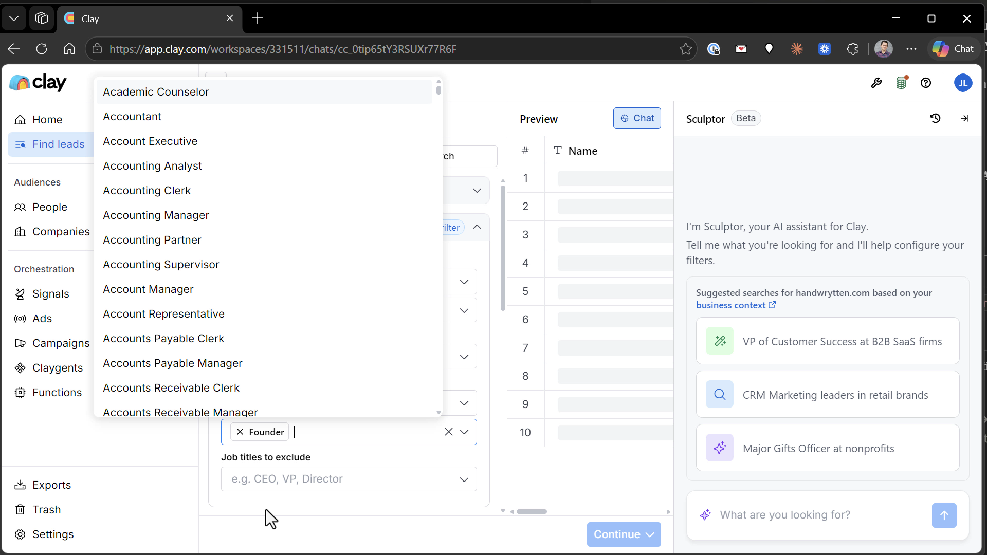 Job title selection filter in Clay