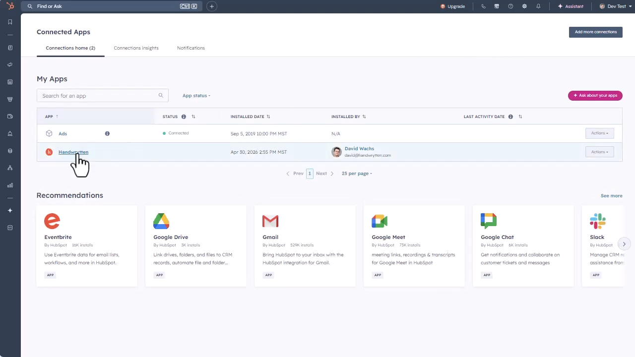 HubSpot Connected Apps page with Handwrytten selected.