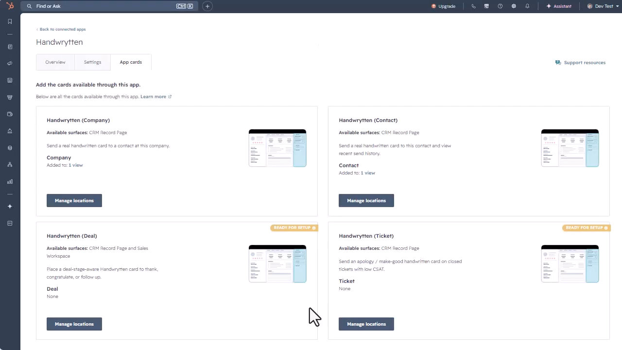 Handwrytten App cards settings showing available HubSpot locations.