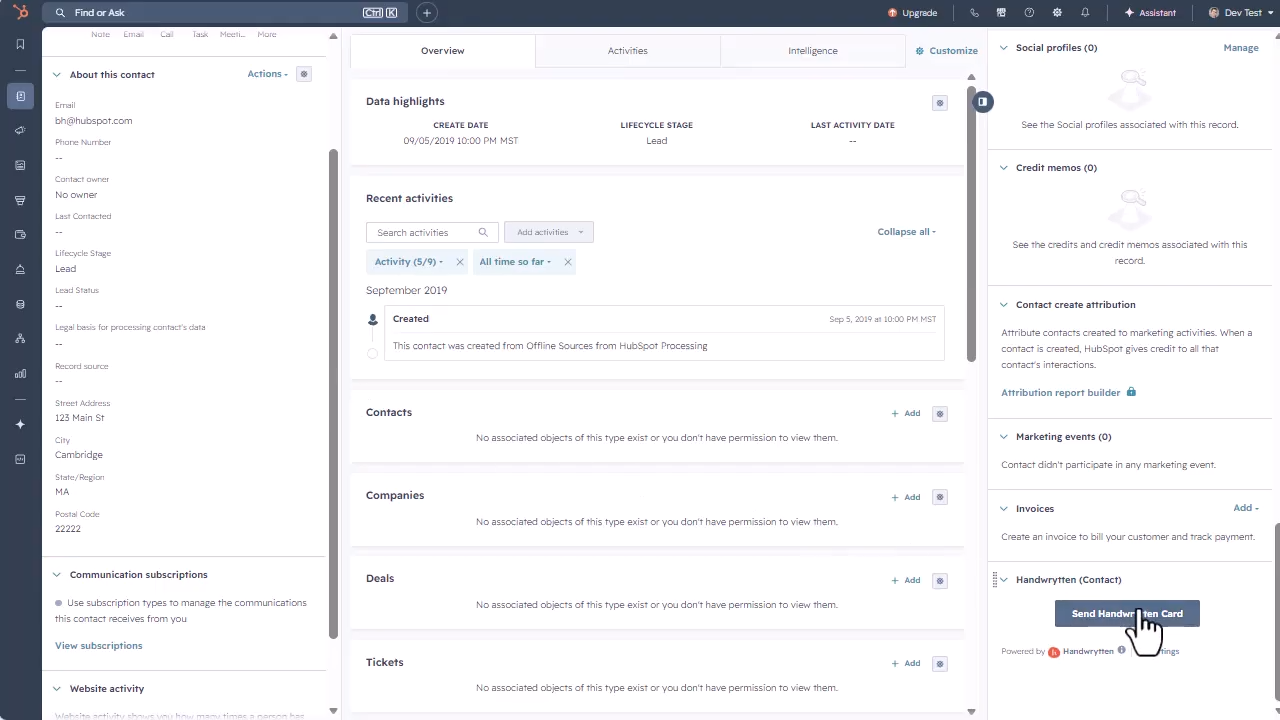 HubSpot contact record with the Send Handwritten Card button in the Handwrytten panel.