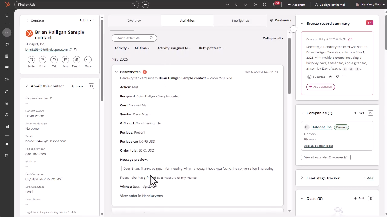 HubSpot contact activity timeline showing a completed Handwrytten card send.
